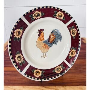 Brewster by Gibson Designs Large Dinner Plate Red Panels Yellow Flowers Rooster